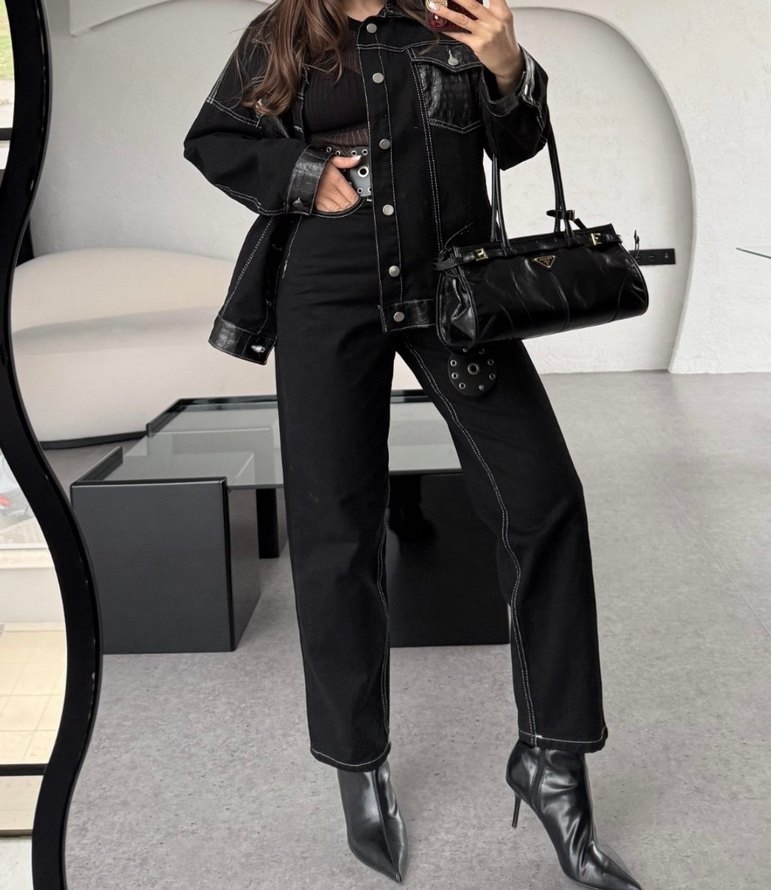 Kadın Siyah Uzun Denim Ceket takım - Görsel 2