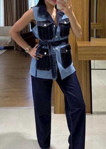 Kadın Kemerli Kolsuz Mavi Denim yelek takım - Görsel 2