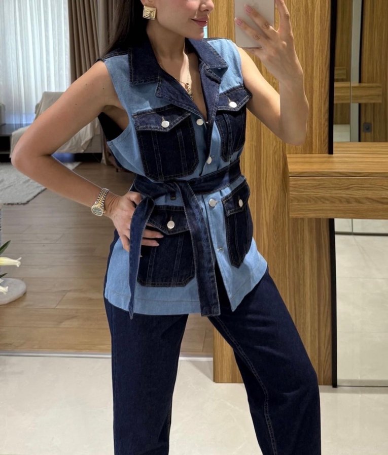 Kadın Kemerli Kolsuz Mavi Denim yelek takım - Görsel 3