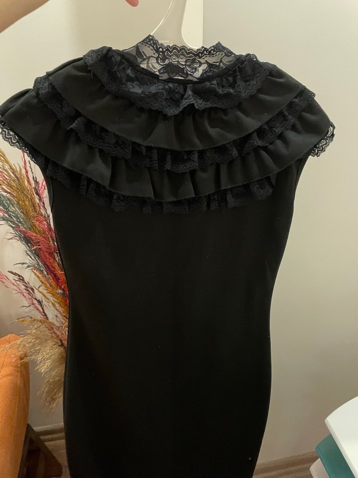 Fırfırlı Siyah Gotik Uzun Abiye Elbise - Görsel 2