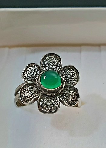 Telkari İşlemeli Yeşil Akik Taşlı Vintage Yüzük - Görsel 2