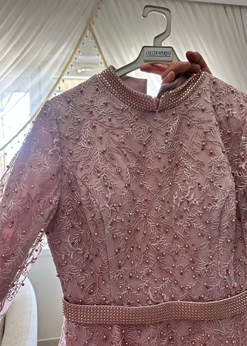 Pembe Dantel İşlemeli Uzun Abiye Elbise - Görsel 3