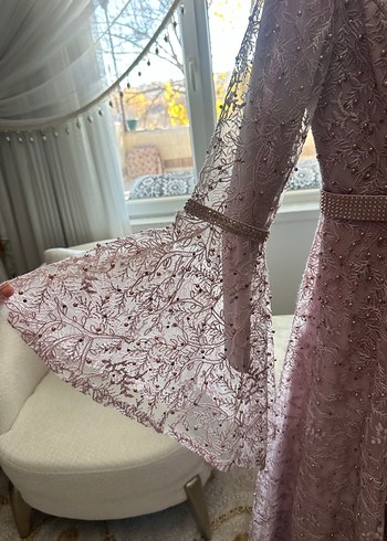 Pembe Dantel İşlemeli Uzun Abiye Elbise - Görsel 2