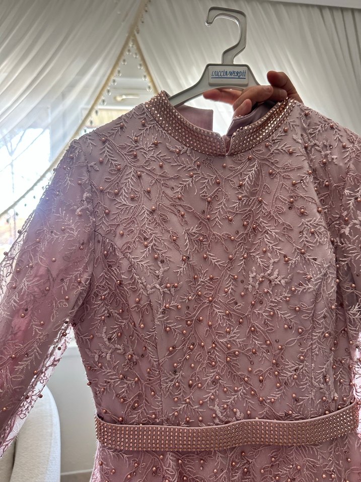 Pembe Dantel İşlemeli Uzun Abiye Elbise - Görsel 3