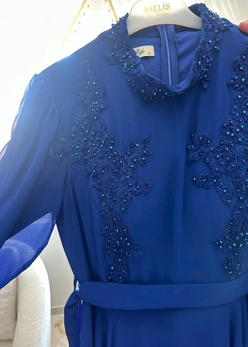 Uzun Kollu, İşlemeli Mavi Uzun Abiye Elbise - Görsel 2