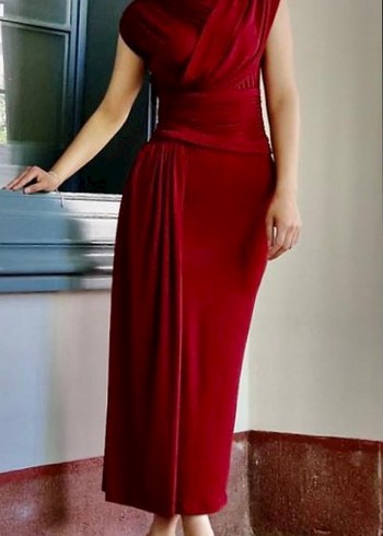 Bordo Drapeli V Yaka Midi Abiye Elbise - Görsel 3