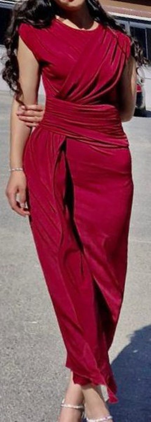 Bordo Drapeli V Yaka Midi Abiye Elbise - Görsel 2