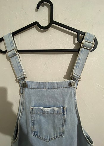 Gri Bağcıklı Kısa Denim Tulum - Görsel 3