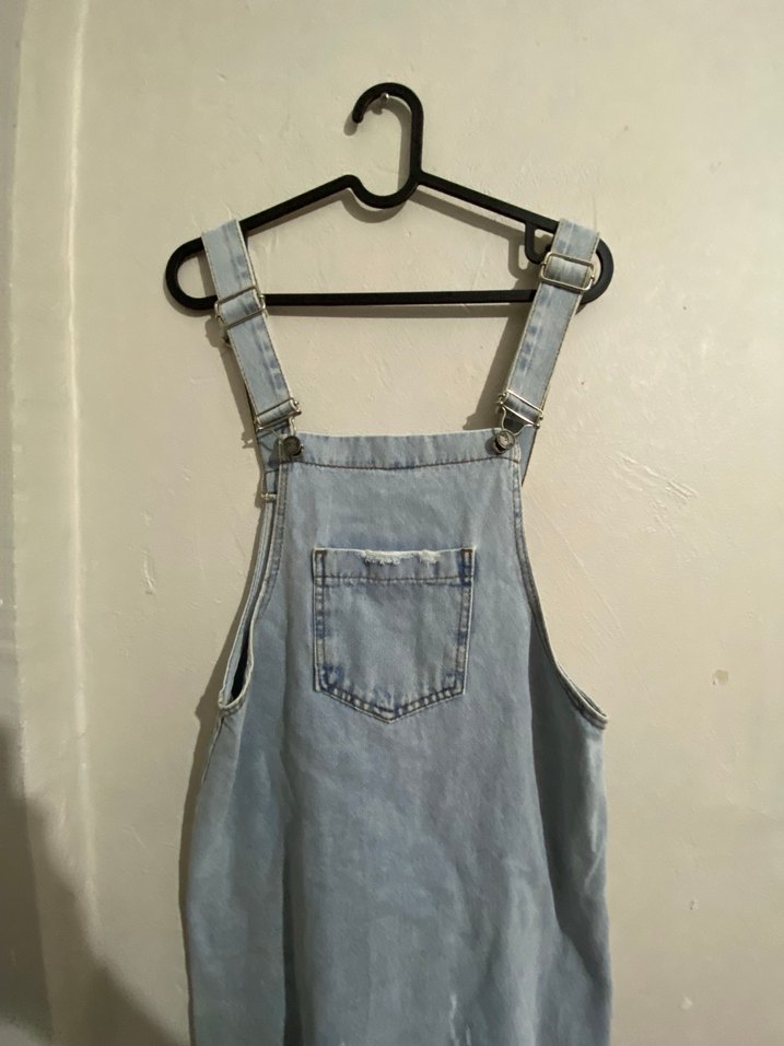 Gri Bağcıklı Kısa Denim Tulum - Görsel 2
