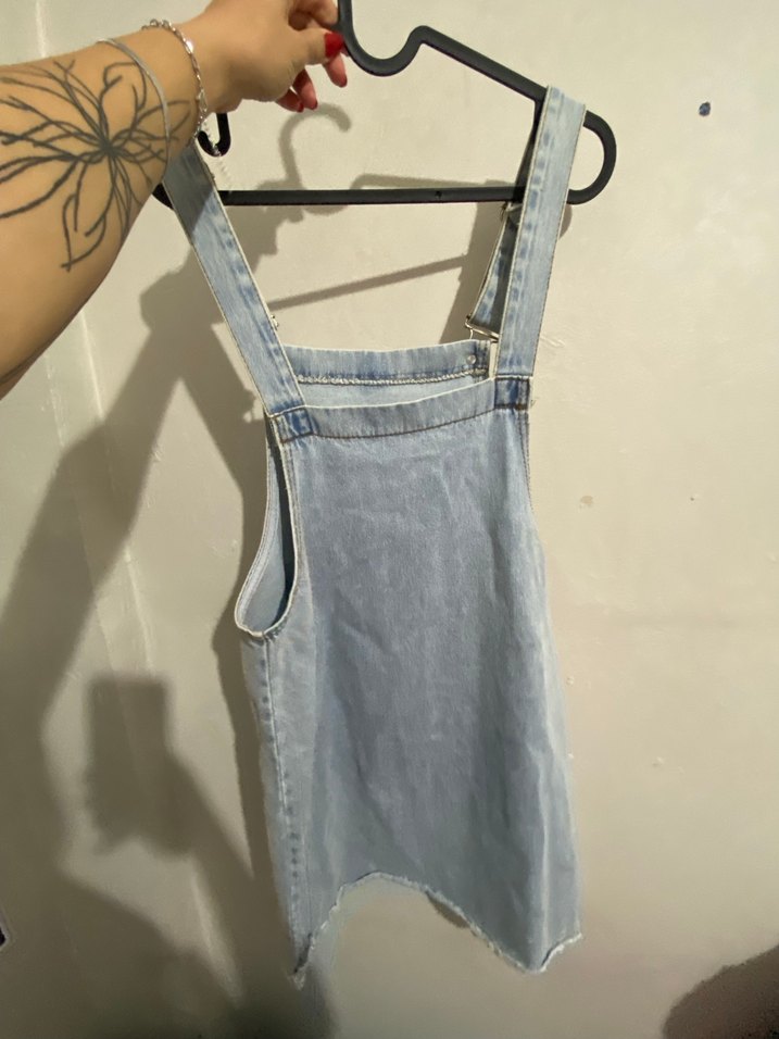 Gri Bağcıklı Kısa Denim Tulum - Görsel 4
