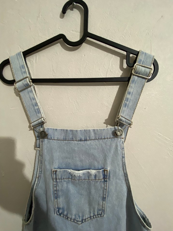 Gri Bağcıklı Kısa Denim Tulum - Görsel 3