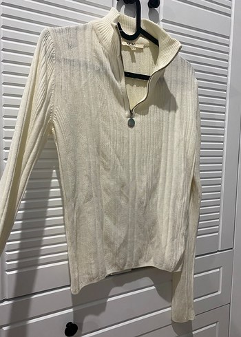 Beyaz Yarım Fermuarlı Triko Kadın Kazak - Görsel 3