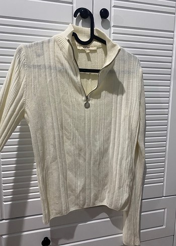 Beyaz Yarım Fermuarlı Triko Kadın Kazak - Görsel 2