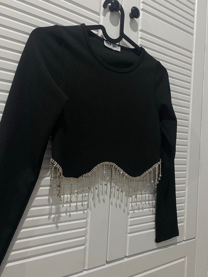 Siyah Payetli Uzun Kollu Mini Bluz - Görsel 5