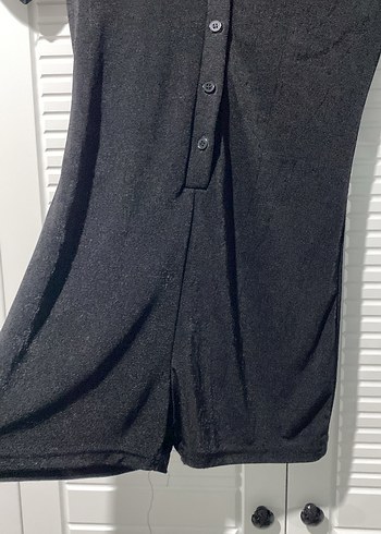 Düğmeli Siyah Kısa Kollu Midi tulum - Görsel 3