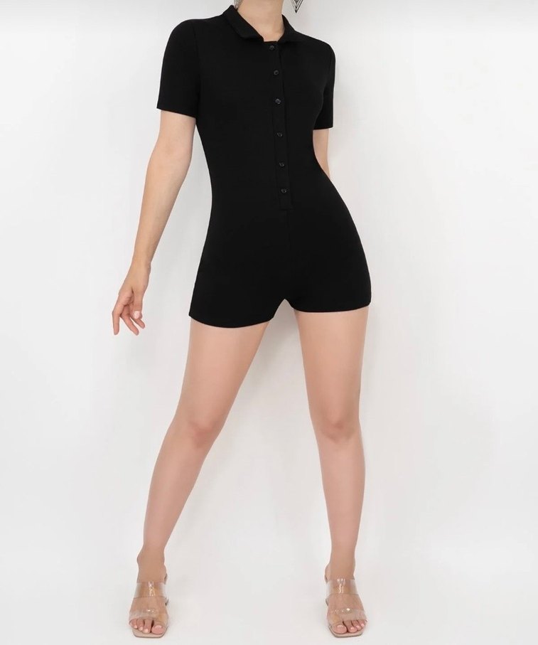 Düğmeli Siyah Kısa Kollu Midi tulum - Görsel 5