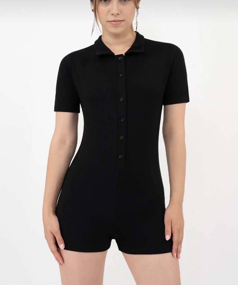 Düğmeli Siyah Kısa Kollu Midi tulum - Görsel 4