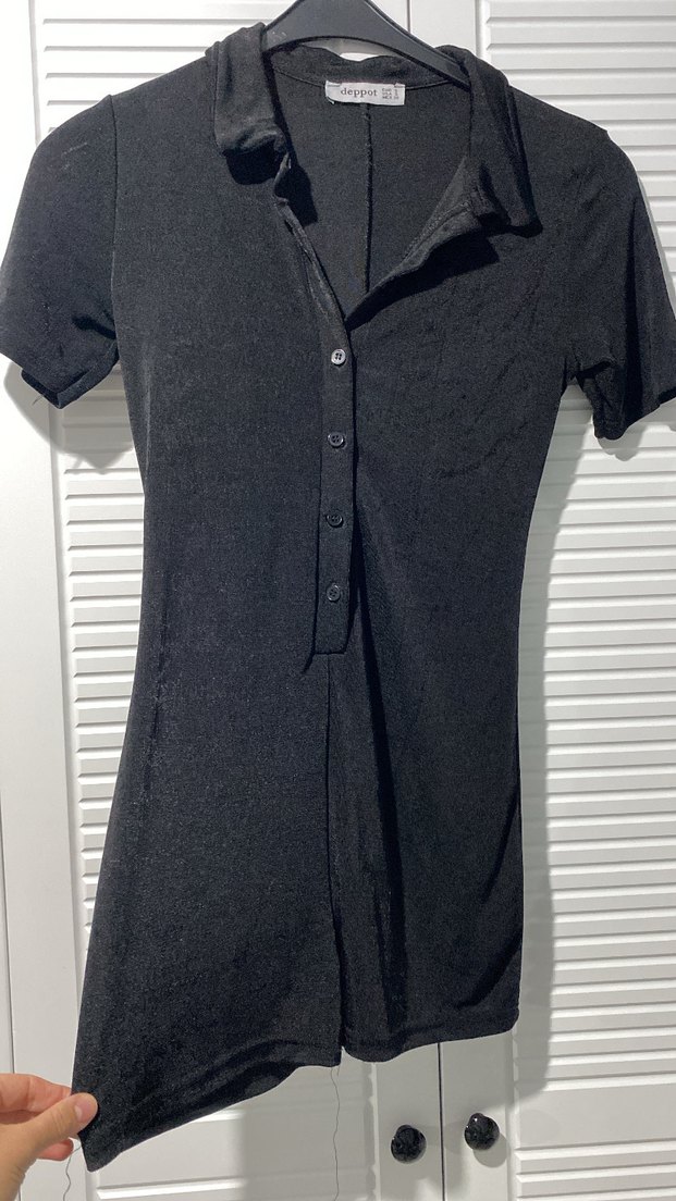 Düğmeli Siyah Kısa Kollu Midi tulum - Görsel 2