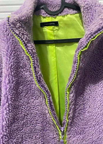 Kadın Mor Peluş Fermuarlı Mont - Görsel 3