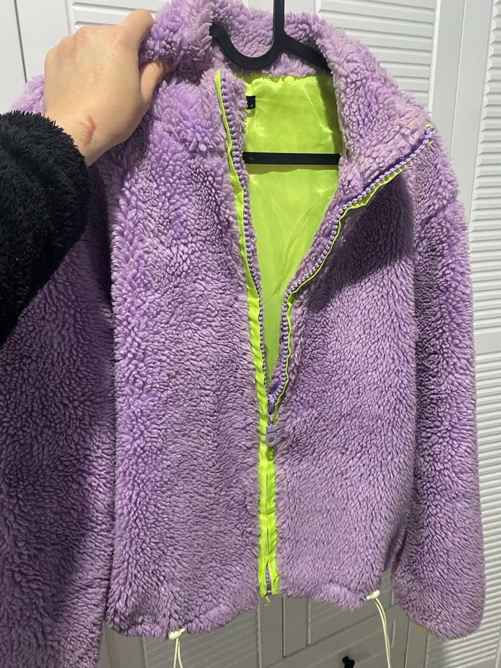 Kadın Mor Peluş Fermuarlı Mont - Görsel 5