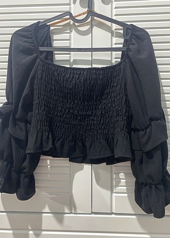 Siyah, Fırfırlı, Uzun Kollu Kadın Bluz - Görsel 4