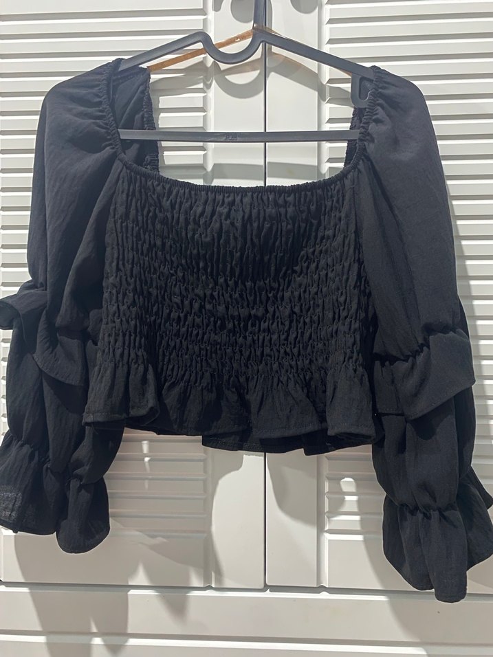 Siyah, Fırfırlı, Uzun Kollu Kadın Bluz - Görsel 4