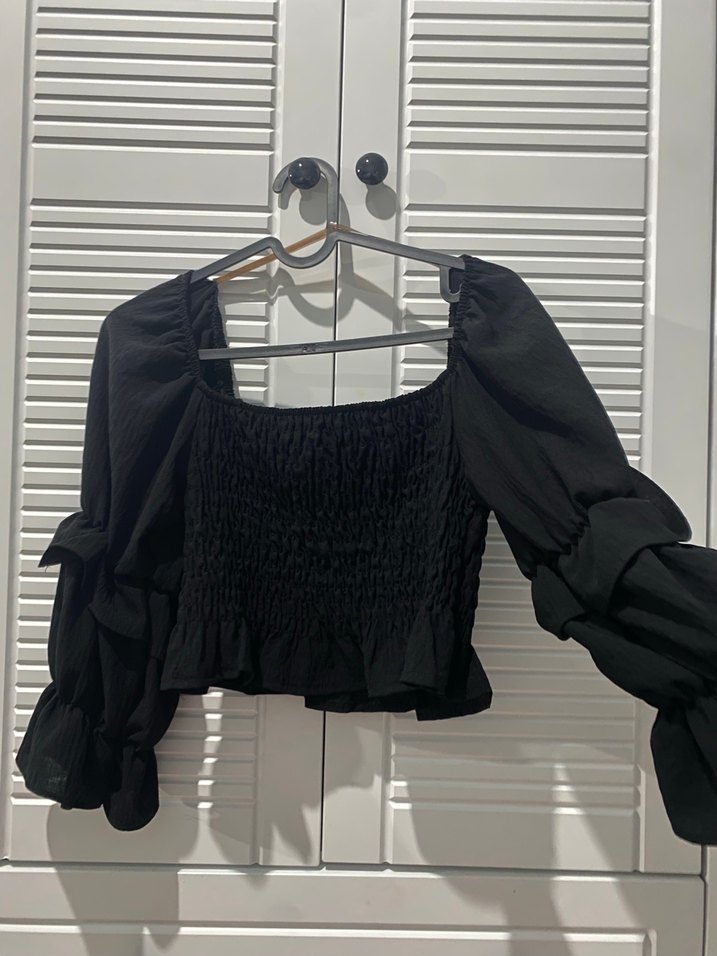 Siyah, Fırfırlı, Uzun Kollu Kadın Bluz - Görsel 2