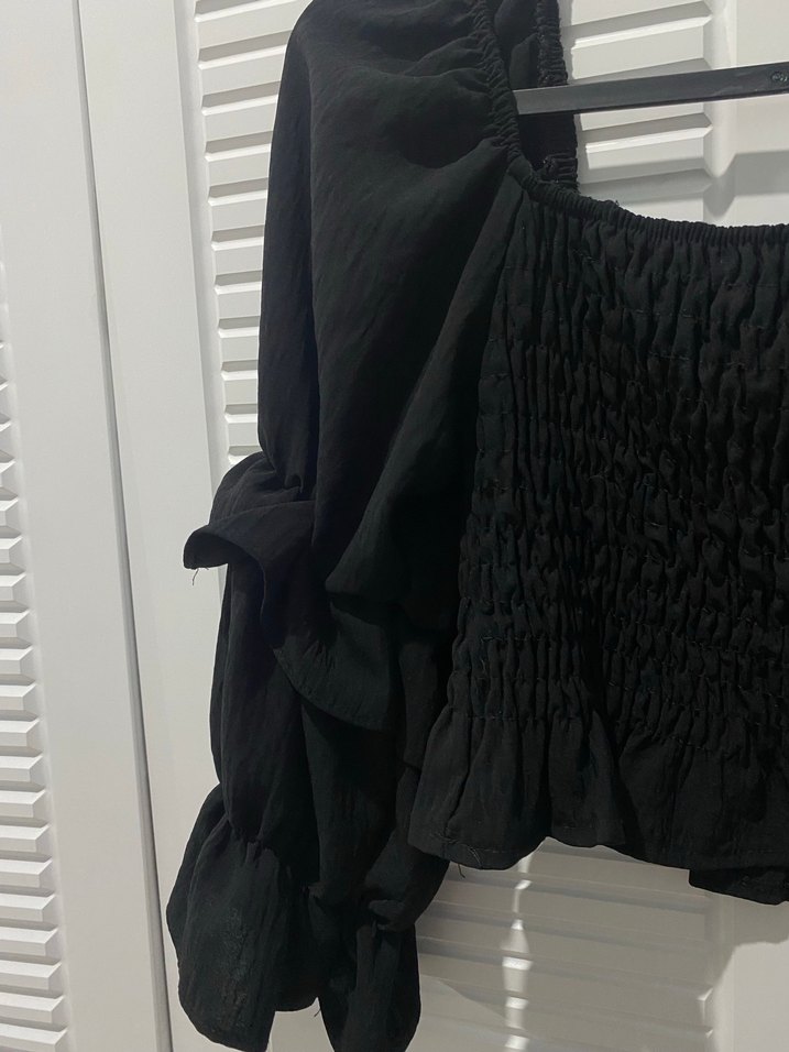 Siyah, Fırfırlı, Uzun Kollu Kadın Bluz - Görsel 3