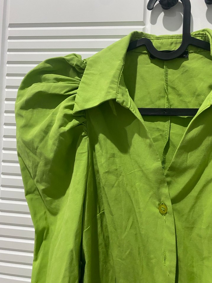 Yeşil Keten Mini Düğmeli Gömlek - Görsel 2