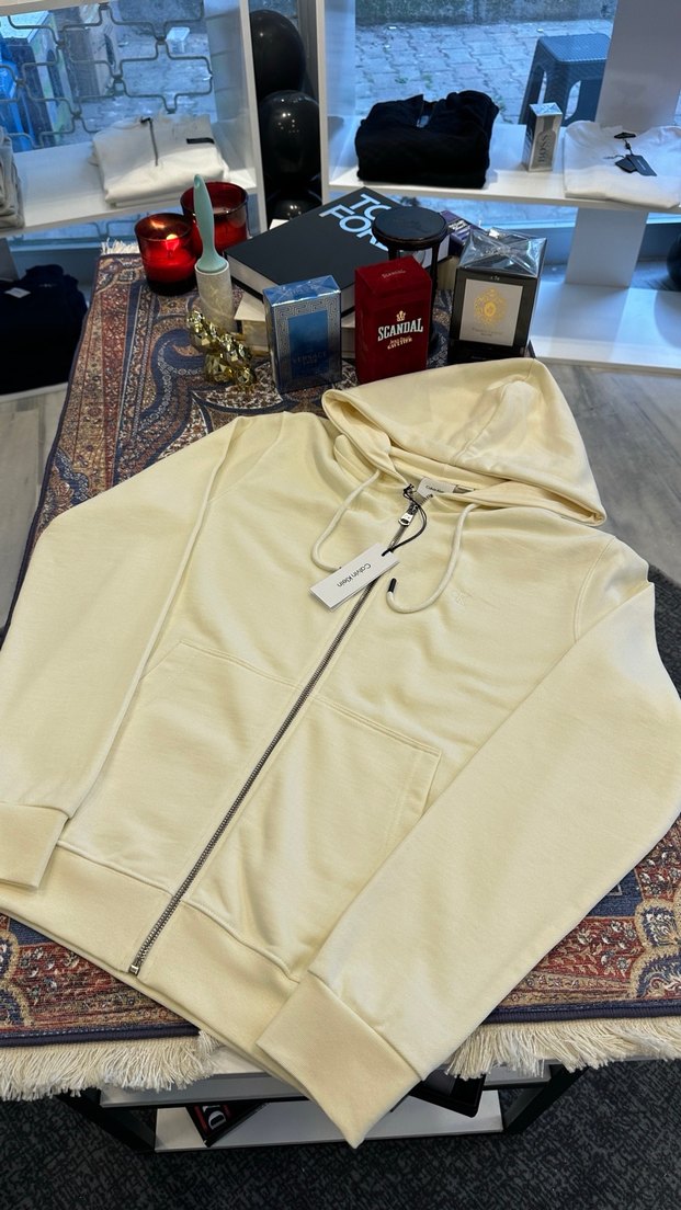 Unisex Beyaz Kapüşonlu Fermuarlı Sweatshirt - Görsel 2