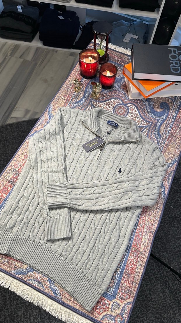 Polo Ralph Lauren Gri Örgü Erkek Yarım Fermuarlı Kazak - Görsel 2