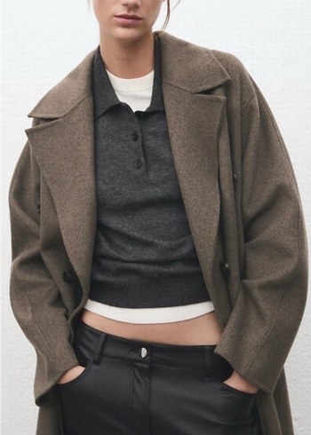 H&M yün orta kahverengi  oversize kaban - Görsel 2