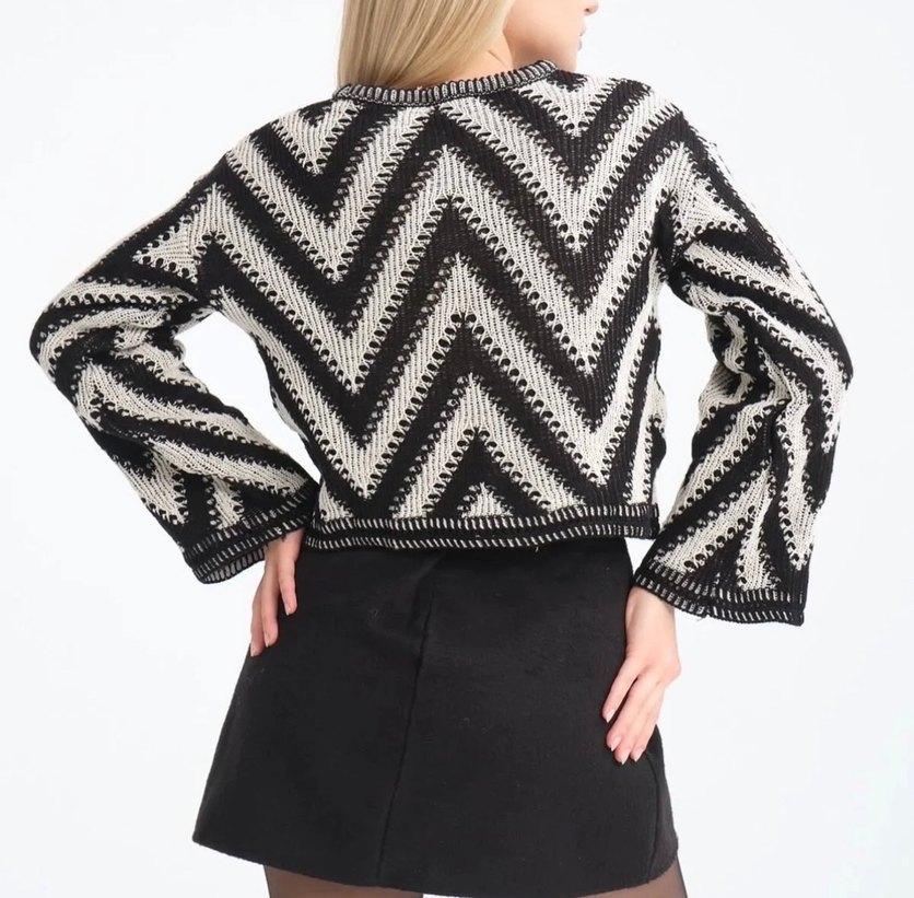 Zebra Desenli Siyah Triko Kadın Kazak - Görsel 2