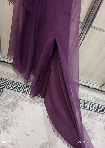 Mor Uzun Kollu Drapeli Kadın Abiye - Görsel 3