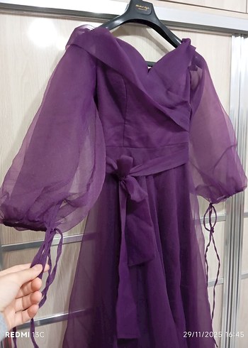 Mor Uzun Kollu Drapeli Kadın Abiye - Görsel 4