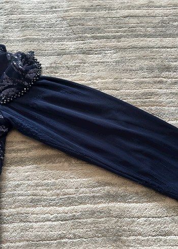 Lacivert Desenli Uzun Tesettür Abiye Elbise - Görsel 6