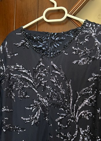 Lacivert Desenli Uzun Tesettür Abiye Elbise - Görsel 5