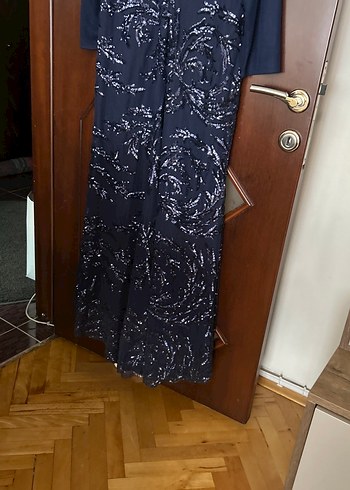 Lacivert Desenli Uzun Tesettür Abiye Elbise - Görsel 4