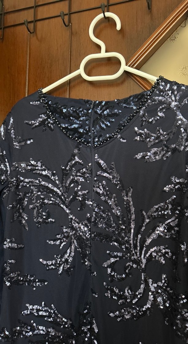 Lacivert Desenli Uzun Tesettür Abiye Elbise - Görsel 5