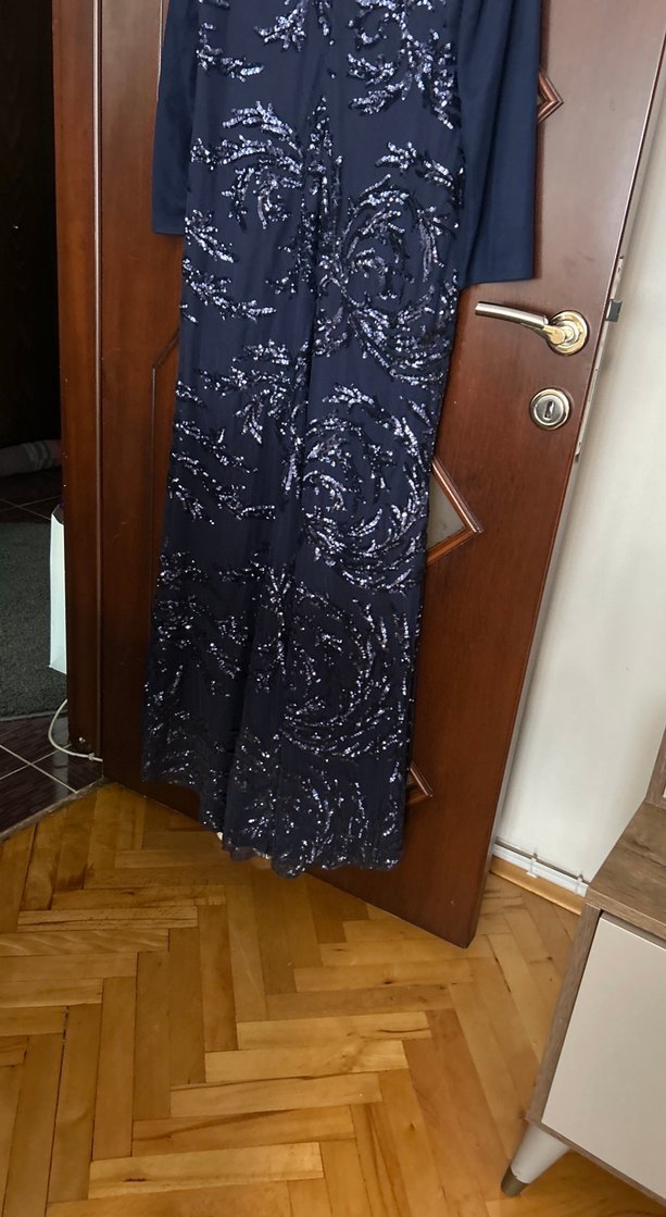 Lacivert Desenli Uzun Tesettür Abiye Elbise - Görsel 4