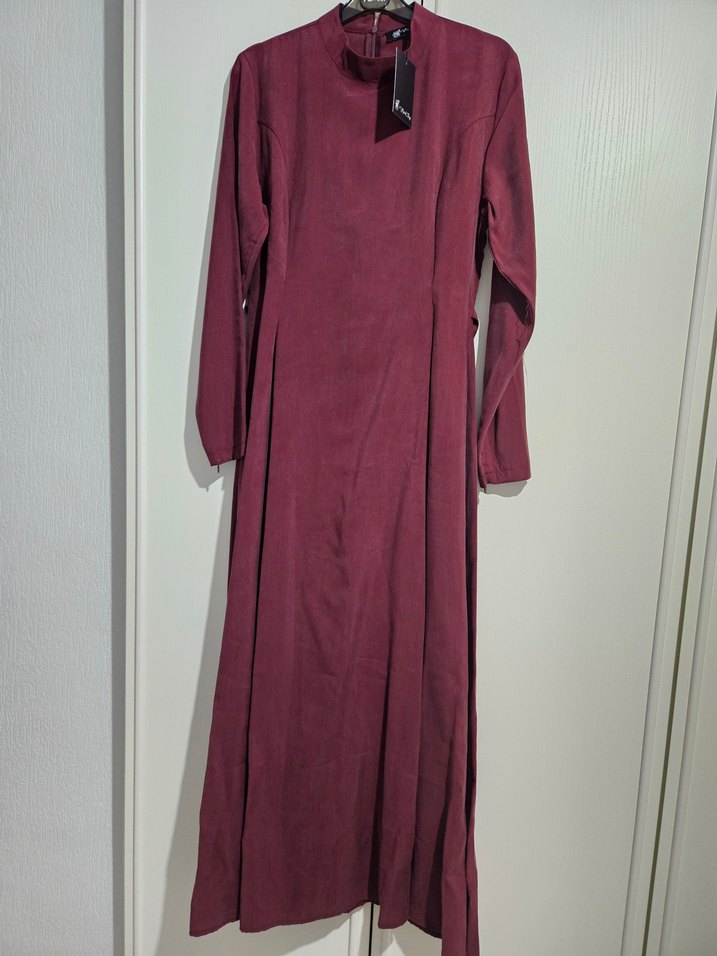 Bordo Tensel Uzun Kollu Uzun Elbise - Görsel 2