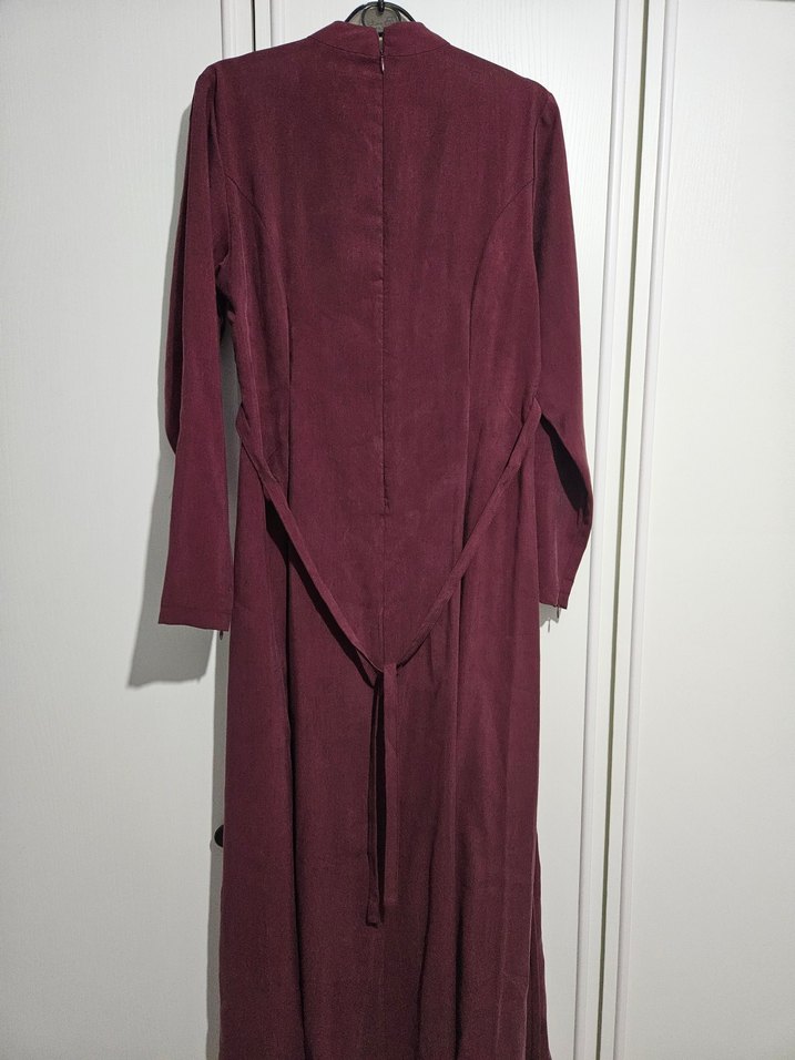 Bordo Tensel Uzun Kollu Uzun Elbise - Görsel 5