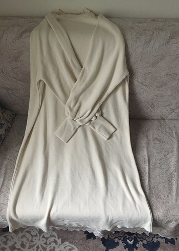 Kadın Beyaz Yüksek Yakalı Keten Elbise - Görsel 2