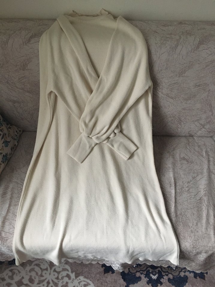 Kadın Beyaz Yüksek Yakalı Keten Elbise - Görsel 2