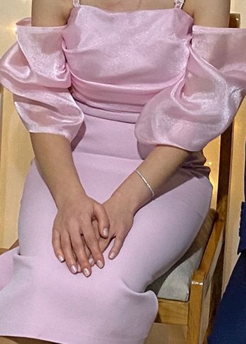 İnci Detaylı Pembe Midi  Söz Nişan İsteme Elbise - Görsel 4