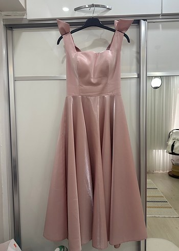 Pudra Pembe Drapeli midi Abiye - Görsel 5