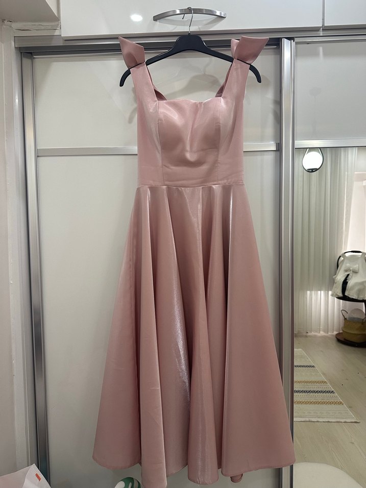 Pudra Pembe Drapeli midi Abiye - Görsel 5