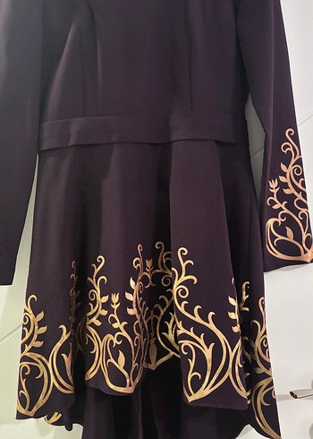 Uzun Kollu Mor Nakışlı Gotik Kadın Elbise - Görsel 2