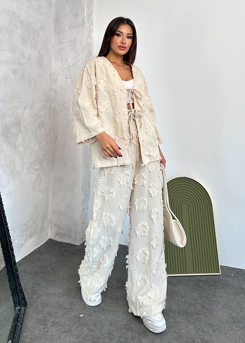 Aplikeli keten kimono takımı S M L XL - Görsel 3