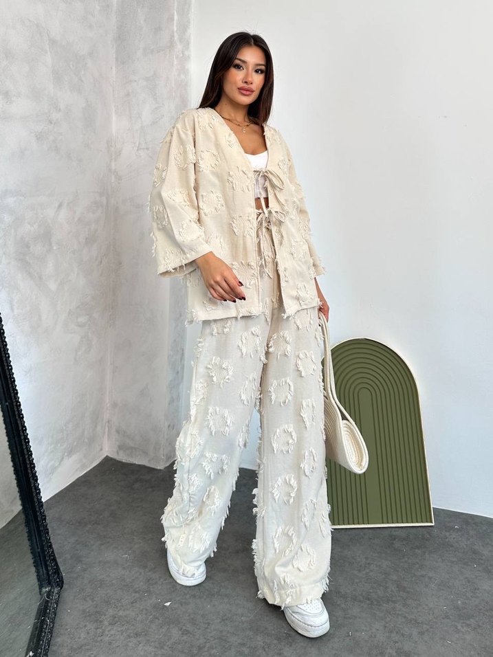 Aplikeli keten kimono takımı S M L XL - Görsel 3